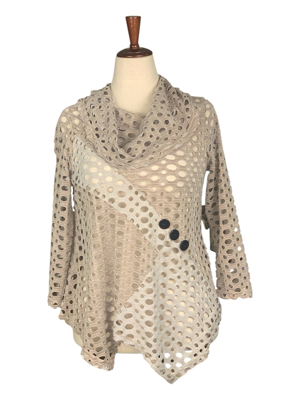 Yashi Open Laser Cut Cowl Neck Tunic Top Beige White Asymmetrical Hem Medium
